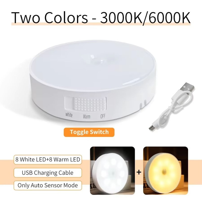 Magnetic Wireless LED Night Light With Switch Smart Motion Sensor USB Rechargeable Warm White Wall 8