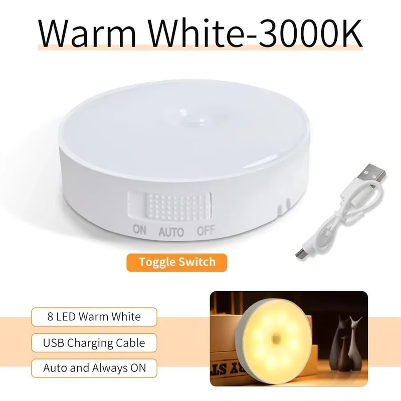 Magnetic Wireless LED Night Light With Switch Smart Motion Sensor USB Rechargeable Warm White Wall 6
