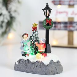 LED Christmas Village Ornaments Resin Figurines Santa Claus Snow View Holiday Gift