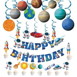 outer space astronaut party decoration: spaceman rocket banner, cake topper - kids boy birthday decor