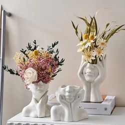 modern ceramic human face flower vase - nordic art plant pot for home living room decor