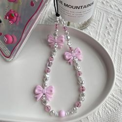 korean style pink bow phone charm with imitation pearl beads for cute y2k mobile straps - wholesale accessories