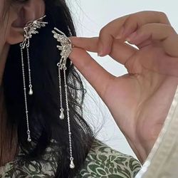 y2k butterfly tassel ear clips: angel wing bone cuff earrings for women - fashion elf ear hanging jewelry