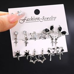 Vintage Gothic Black Butterfly & Crystal Star Earring Set: Y2K Heart Studs for Women - Trendy Aesthetic Jewelry Accessor