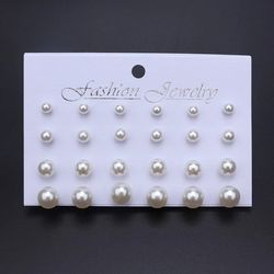 12 Pair/Set Beige & White Pearl Korean Women's Fashion Earrings - Wedding & Valentine's Day Gift Jewelry