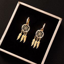 14k Gold Feather Drop Earrings for Women | High-Quality Jewelry with AAA Zircon | Trendy & Exquisite Fine Gift for Parti