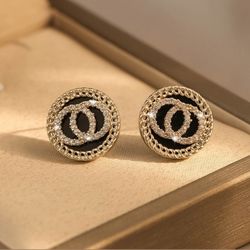 Korean Style Black Enamel Crystal Double Round Stud Earrings for Women - Simple Sweet Jewelry, Wholesale Gifts for Girls