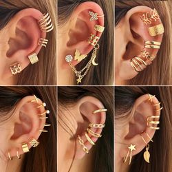 Gold Silver Leaves Clip Earrings: Creative C Butterfly Non-Piercing Ear Cuff Set - Trendy Women's Jewelry