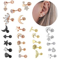 5PCS Heart & Star Tragus Earring Set: Small CZ Barbell Studs for Lobe, Cartilage & Helix Piercings
