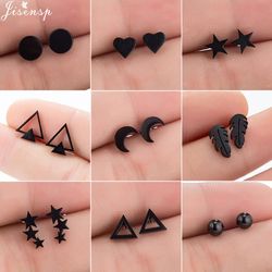 2024 trendy stainless steel geometric earrings: black star, moon, triangle ear studs for women & men - hip hop ear jewel