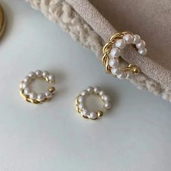 Korean Gold Double Circle Twist Pearl Ear Cuff: Vintage Geometric Clip-on Earings