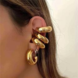 Gold Color Punk C-Shape Ear Cuff: Non-Piercing Chunky Round Clip Earring for Women, Thick Tube Earclips Jewelry Gift