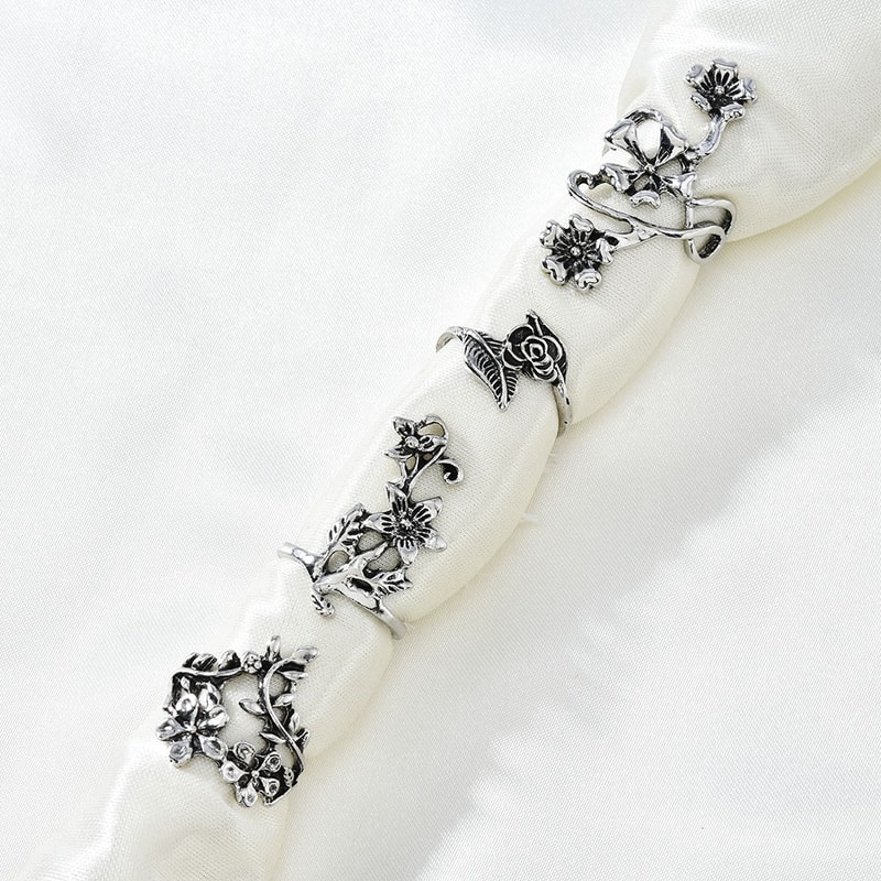 yL6Q4PCSSetForestVineLeafFlowerRingVintagePunkAntiqueCarvedMidiFingerRingWomenBohemia