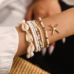 Bohemian Sea Shell Multilayer Bracelet Set with Rice Beads & Starfish Pendant: Summer Beach Fashion Jewelry