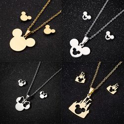 minnie mouse stainless steel jewelry set: cute mickey head stud earrings & necklace in gold/silver for women/girls party