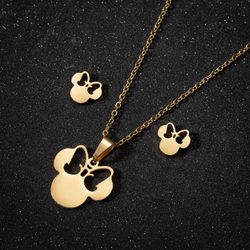 Anime-Inspired Stainless Steel Jewelry Set: Cute Cartoon Bow Mouse Chain Necklace & Choker for Women