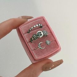 3PCS Retro Silver Moon & Sun Rings: Vintage Punk Geometric Finger Jewelry for Women & Unisex