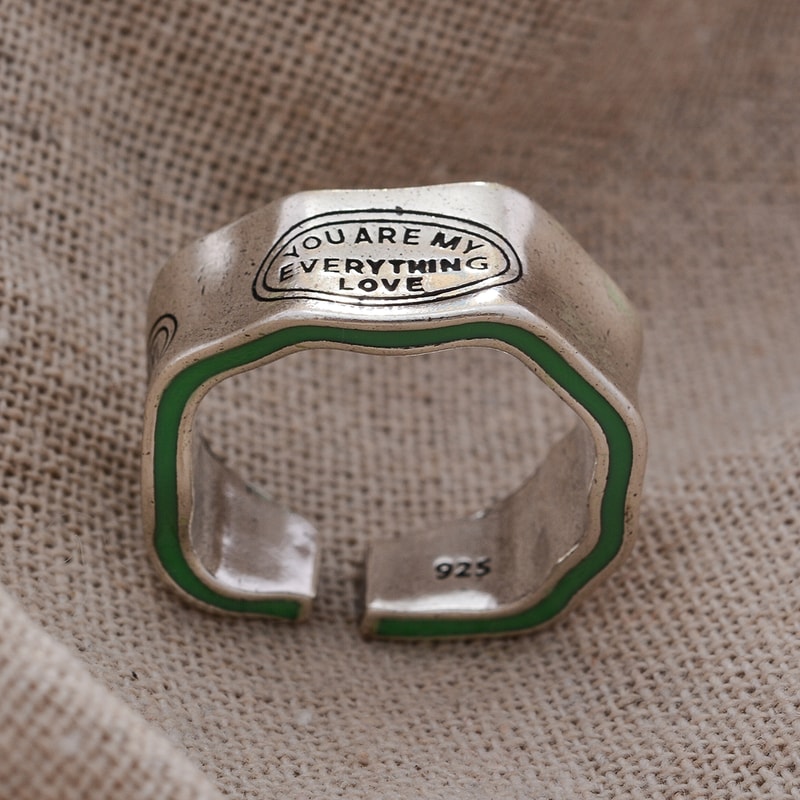 DrarNewArrivalElegantLetterCarvingGreenStripeDesignRetroThaiSilverFemaleFingerRingFor