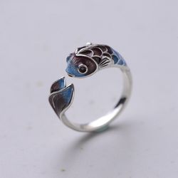 Lucky Koi Fish Open Ring: Vintage Silver Copper Women's Fashion Party Jewelry Gift