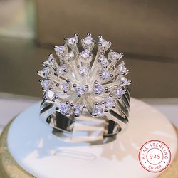 925 sterling silver dandelion ring with glittering zircon, three-claw design for ladies, perfect party or birthday fashi