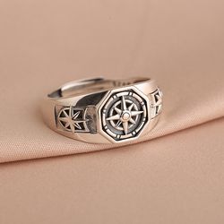 Silver-Plated Poseidon Compass Hexagram Ring: Adjustable Unisex Hip-Hop Jewelry Gift