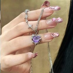 Purple Crystal Heart Pendant Necklace 2023: Chic Y2K Fashion Jewelry for Women - Sweet, Cool Punk Style Clavicle Chain A