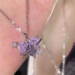 Y2K Crystal Heart Planet Pendant Necklace: Zircon Aesthetic Charm for Women - Elegant Clavicle Chain Jewelry Gift for Pa