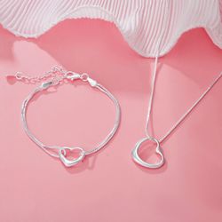 925 sterling silver heart bracelets & necklaces, designer fashion jewelry sets for women, perfect for parties, weddings