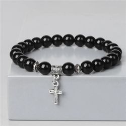 stylish men's beaded bracelet with silver cross pendant - natural stone charm bracelet for women - healing prayer jewelr