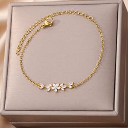 charm gold stainless steel zircon flower bracelet: elegant luxury designer jewelry gift for women and girls