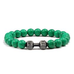 men's matte black lava stone bracelet with white beads - natural volcanic dumbbell & barbell fitness charm strand for wo