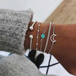 retro silver geometric stone bracelet set for women: trendy boho moon wrist chain & open bangle jewelry