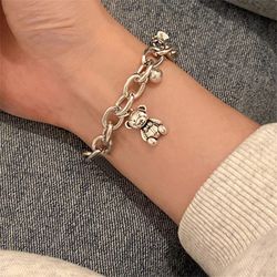 silver plated luxury bear pendant charm bracelet | retro thick chain hip hop jewelry for women
