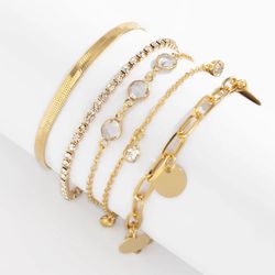 boho geometric bracelet set with snake chain and rhinestone sequin pendant - trendy women's fashion jewelry combination