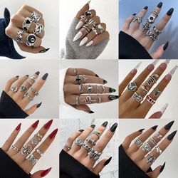 vintage punk metal ring set: butterfly, snake, skull finger rings - gothic jewelry for women & men in antique silver
