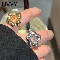 livvy silver rings: trendy hollow geometric designs with sparkling zircon - perfect party jewelry for women