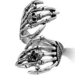exaggerated skeleton hug ring - vintage silver adjustable ring for punk style | retro jewelry gift for men and women - d