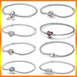925 Sterling Silver Snake Chain Bracelet for Women with Pan Original Pendant Charm Bead - Heart Jewelry