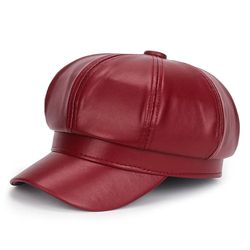 adjustable pu leather beret hat for women - black & red casual autumn/winter cap