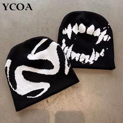 Winter Fashion: Unisex Y2K Streetwear Beanie Hats, Goth Tooth Caps, Kpop Harajuku Vintage Knits for Men & Women