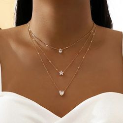 Women's Layered Pendant Necklace Set with Crystal Zircon Heart & Star Charms - Fashionable Square Rhinestone Vintage Jew