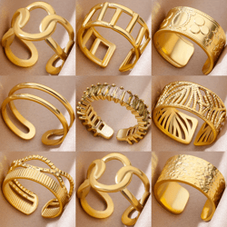 Adjustable Gold Stainless Steel Rings for Women: Aesthetic Couple Jewelry, Punk Embossed Wide Band