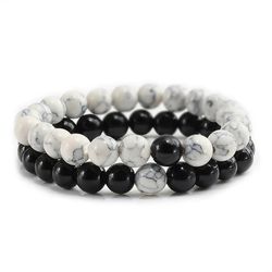 distance couples bracelets: black & white lava stone tiger eye beaded yoga jewelry, elastic rope for men & women