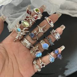 adjustable y2k crystal rings: kpop-inspired irregular geometry, vintage punk set for women & girls - new fashion jewelry