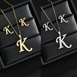 Stainless Steel A-Z Alphabet Initial Necklace & Earrings Set for Women - Personalized Fashion Jewelry Gift