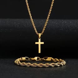 durable twisted rope cross necklace and bracelet set stainless steel jewelry simple casual style gift