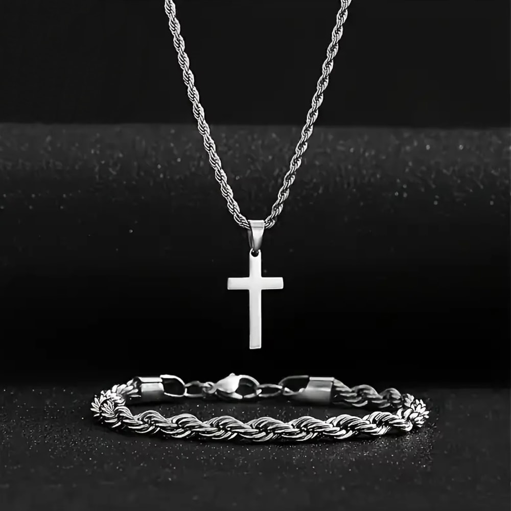Durable Twisted Rope Cross Necklace And Bracelet Set Stainless Steel Jewelry Simple Casual Style Gi 2