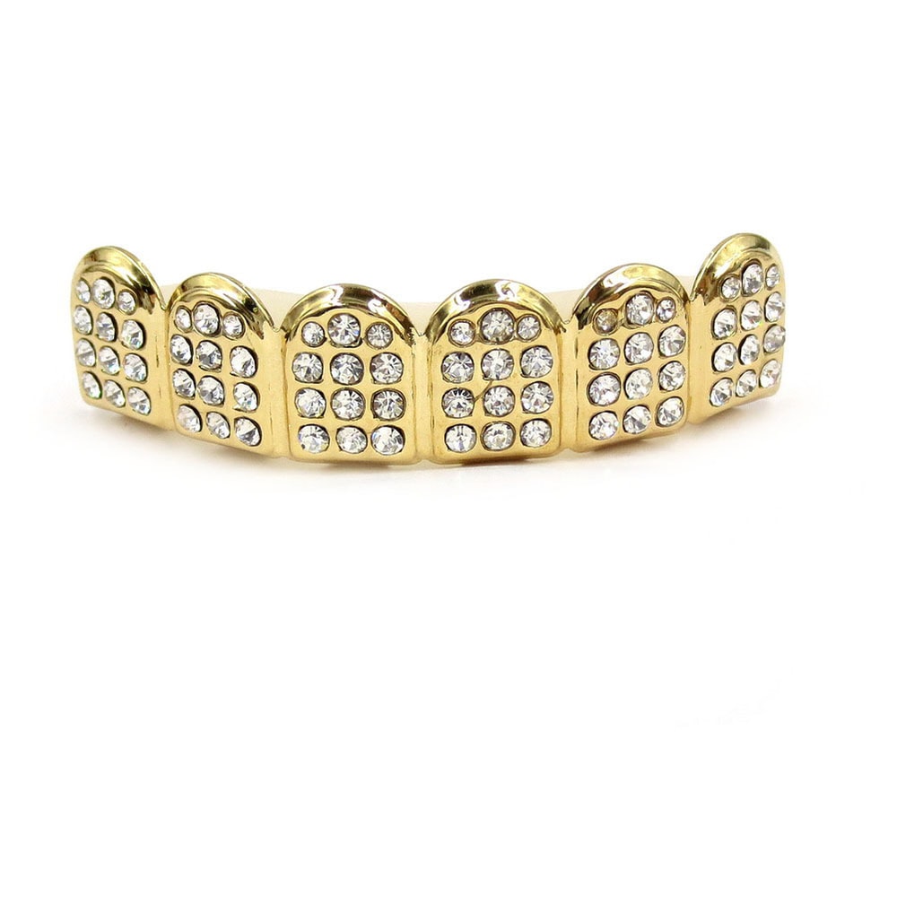 Iced Out CZ Stones Teeth Grillz Fashion Hip Hop Gold Silver Color Top Bottom Braces For Jewelry Gif 1