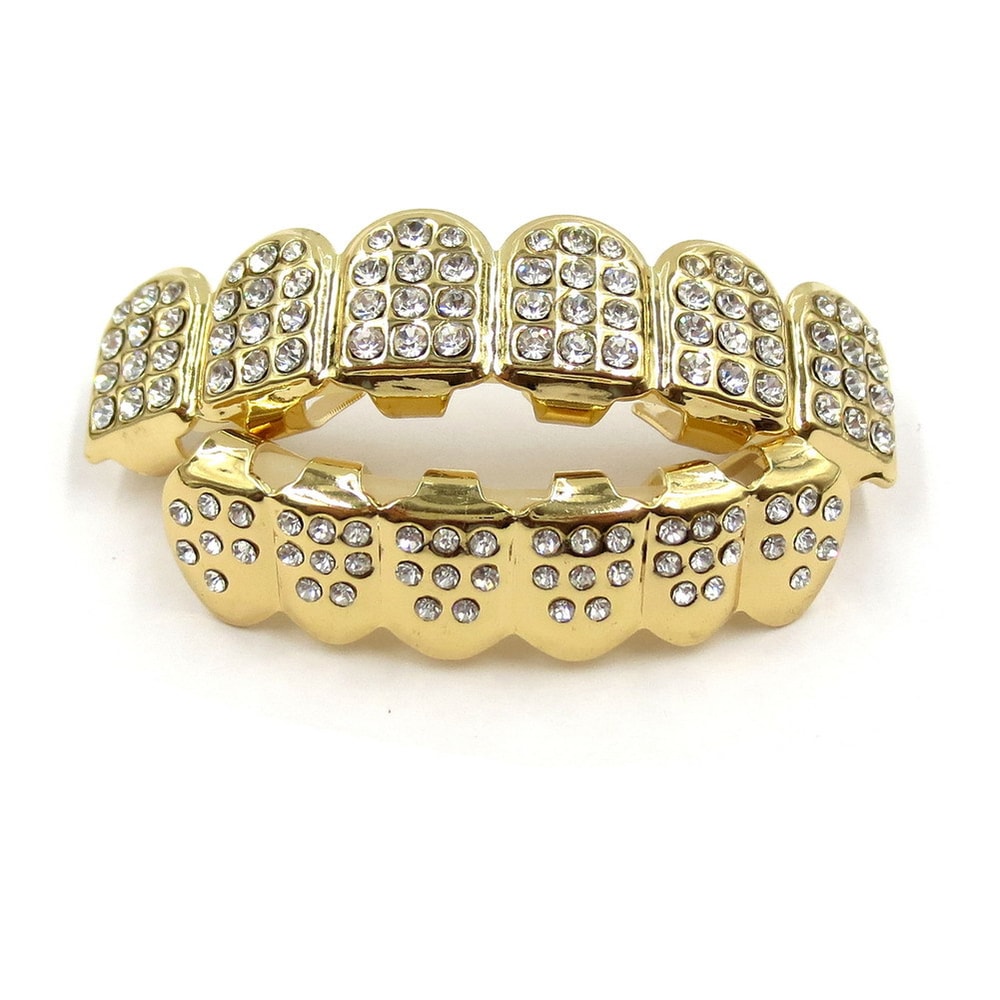 Iced Out CZ Stones Teeth Grillz Fashion Hip Hop Gold Silver Color Top Bottom Braces For Jewelry Gif 0