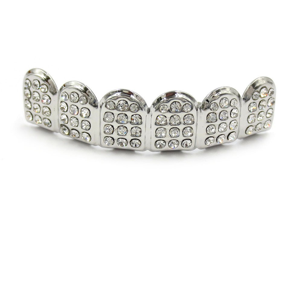 Iced Out CZ Stones Teeth Grillz Fashion Hip Hop Gold Silver Color Top Bottom Braces For Jewelry Gif 3